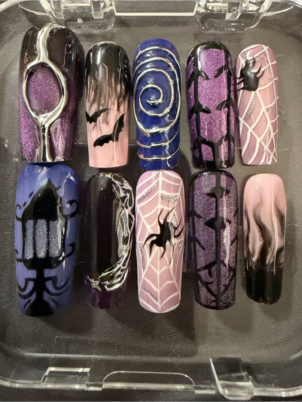 **NWT** Hand-Painted Purple & Pink Halloween Spider Web Press-On Nail Set
